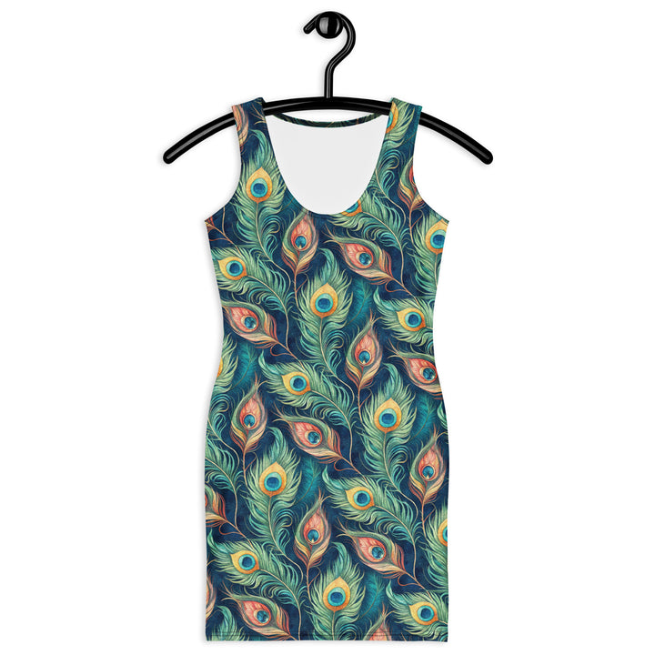 Graphic bodycon dress – peacock feather print - sleeveless fitted summer dress for women | ARLXUN