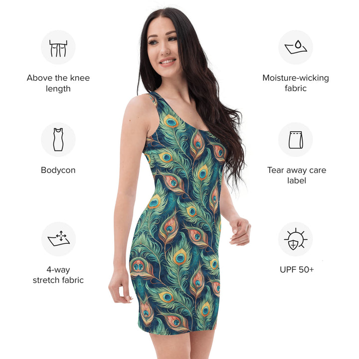 Graphic bodycon dress – peacock feather print - sleeveless fitted summer dress for women | ARLXUN