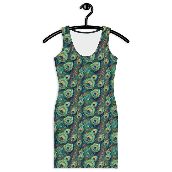 Graphic bodycon dress – soft peacock feather print - sleeveless fitted summer dress for women | ARLXUN