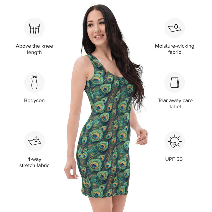 Graphic bodycon dress – soft peacock feather print - sleeveless fitted summer dress for women | ARLXUN
