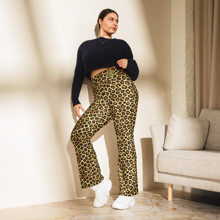 Model wearing ARLXUN leopard flare leggings styling for everyday wear