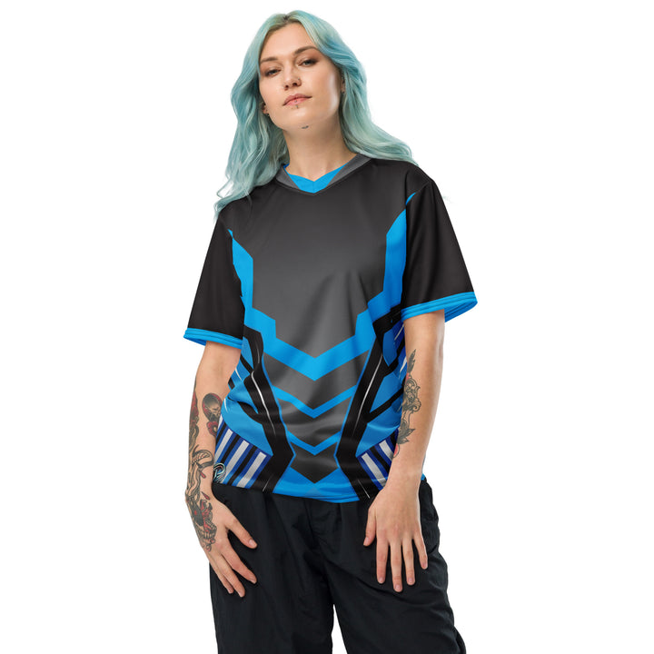 Graphic Sports Jersey – Blue & Black Striped Print | ARLXUN