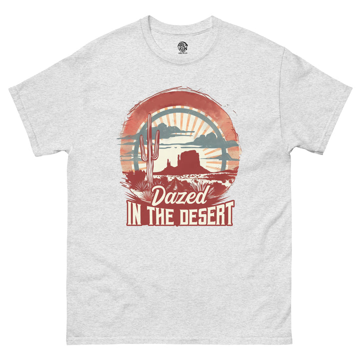 Gray t-shirt with a desert-themed graphic and text 'Dazed in the Desert' on a white background