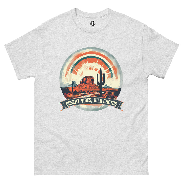 Gray t-shirt with a desert-themed graphic and 'Desert Vibes, Wild Cactus' text on a white background