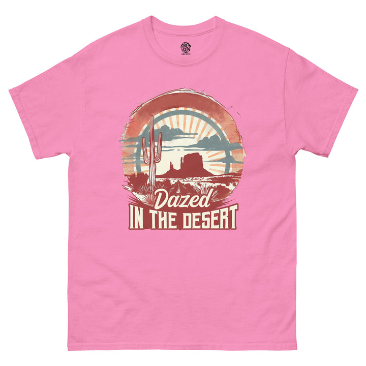 Pink t-shirt with 'Dazed in the Desert' graphic design on a white background