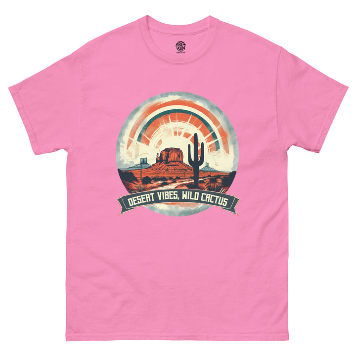 Pink t-shirt with desert-themed graphic and 'Desert Vibes, Wild Cactus' text on a white background