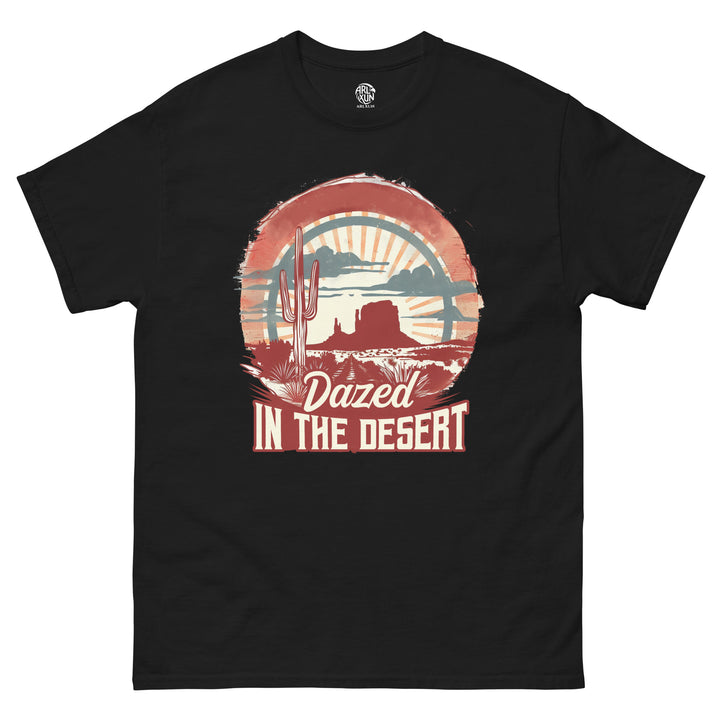 Black t-shirt with 'Dazed in the Desert' graphic design on a white background