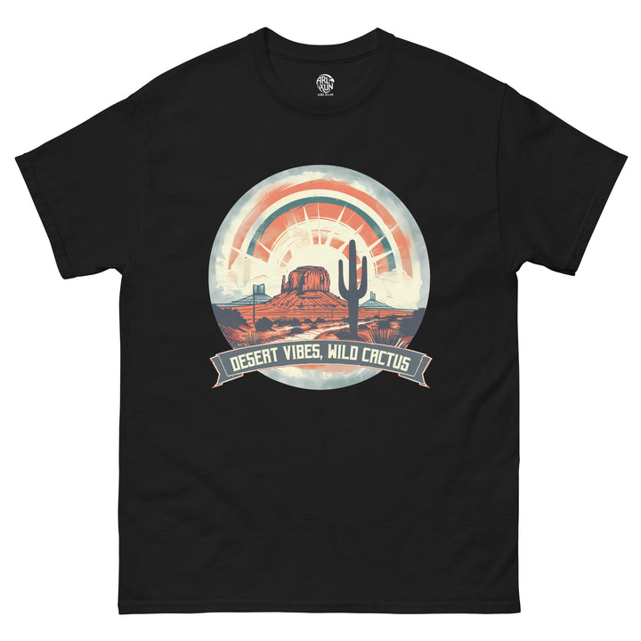 Black t-shirt with a desert-themed graphic and text on a white background