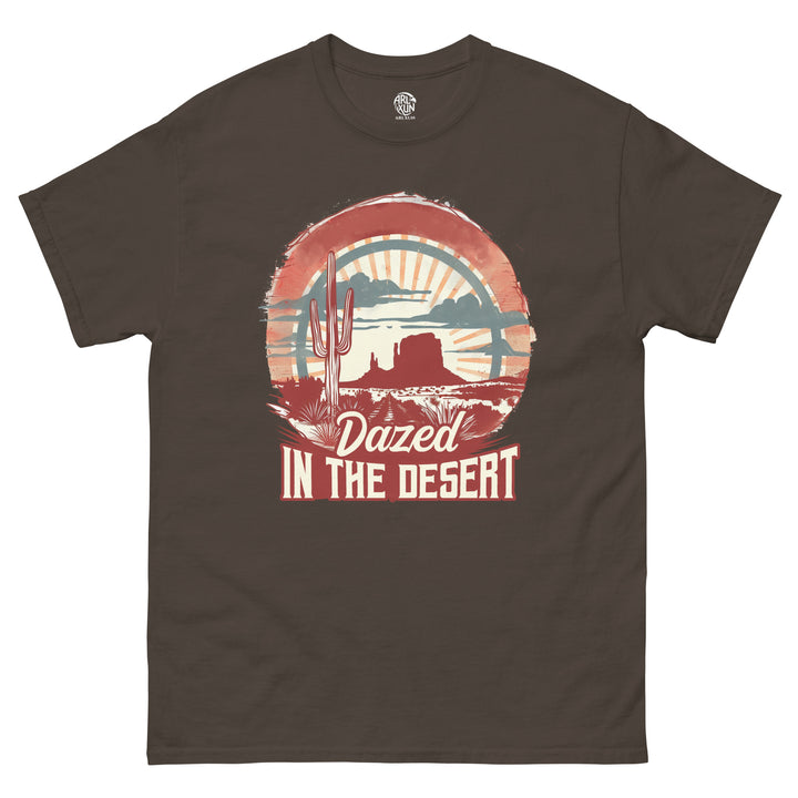 Brown t-shirt with desert graphic and 'Dazed in the Desert' text on a white background