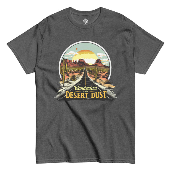 Gray t-shirt with a desert-themed graphic and text on a white background