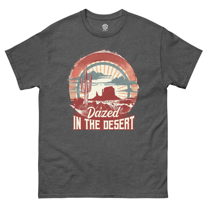 Dark gray t-shirt with 'Dazed in the Desert' graphic design on a white background