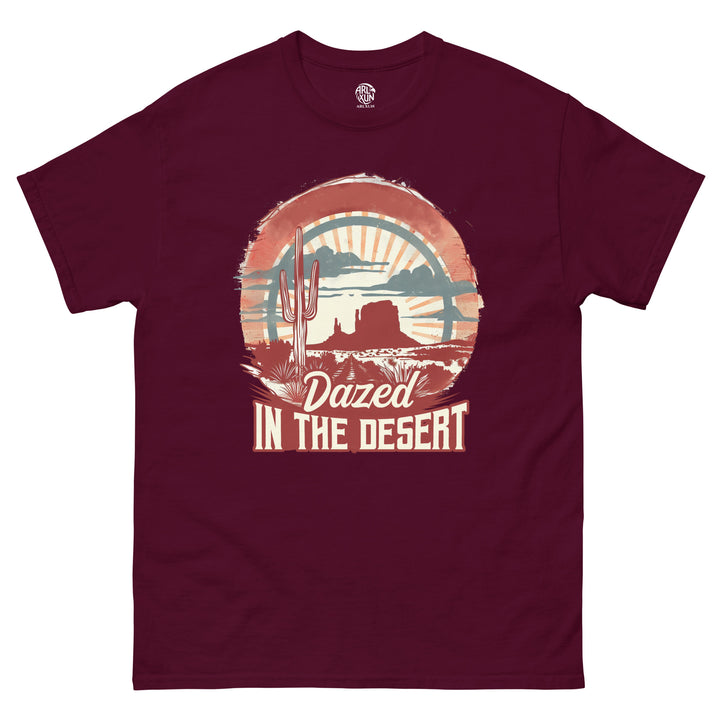 Maroon t-shirt with desert graphic and 'Dazed in the Desert' text on a white background