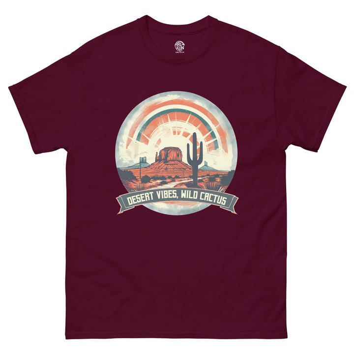 Maroon t-shirt with desert-themed graphic and 'Desert Vibes, Wild Cactus' text on a white background