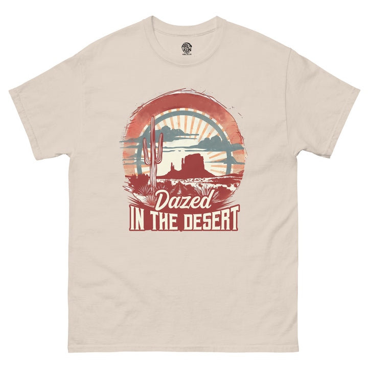Beige t-shirt with desert graphic and 'Dazed in the Desert' text on a white background