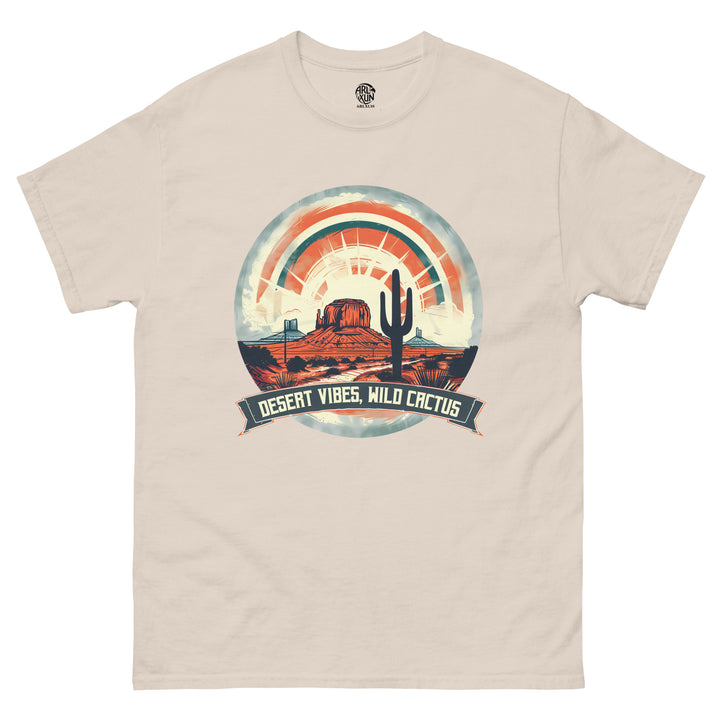 Beige t-shirt with desert-themed graphic and 'Desert Vibes, Wild Cactus' text on a white background