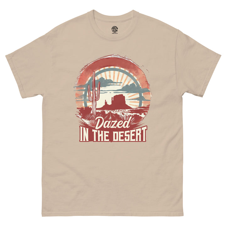 Beige t-shirt with desert graphic and 'Dazed in the Desert' text on a white background
