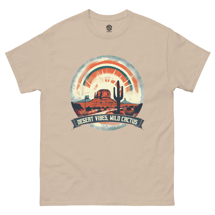 Beige t-shirt with desert-themed graphic and 'Desert Vibes, Wild Cactus' text on a white background