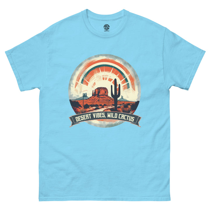 Light blue t-shirt with a desert-themed graphic and text on a white background