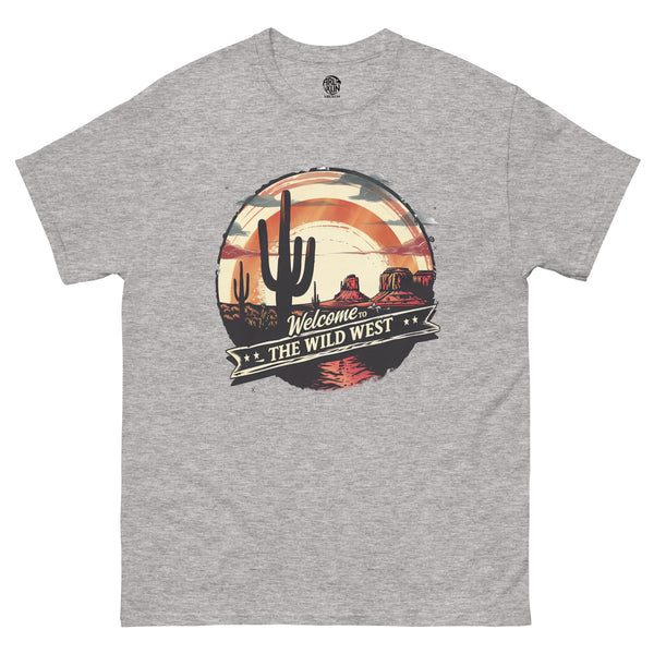 Gray t-shirt with a desert-themed graphic and 'Welcome to the Wild West' text on a white background