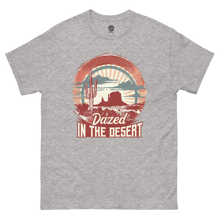 Gray t-shirt with a desert-themed graphic and text 'Dazed in the Desert' on a white background
