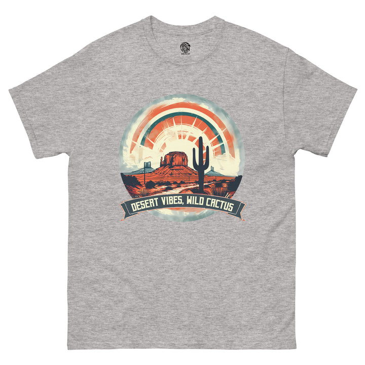 Gray t-shirt with desert-themed graphic and 'Desert Vibes, Wild Cactus' text on a white background