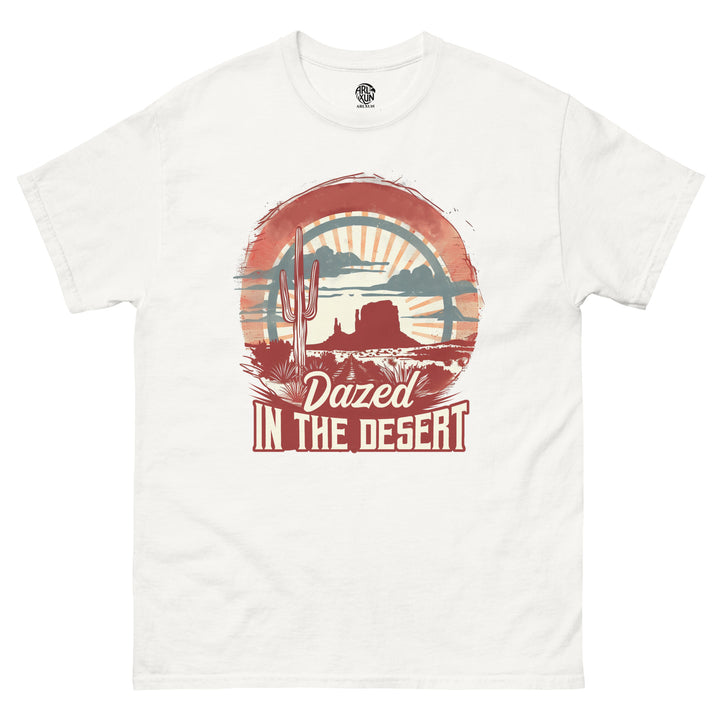 White t-shirt with desert-themed graphic and text 'Dazed in the Desert' on a white background
