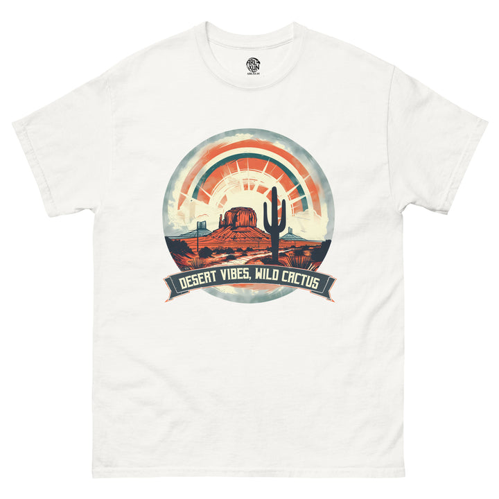 White t-shirt with desert-themed graphic and 'Desert Vibes, Wild Cactus' text on a white background