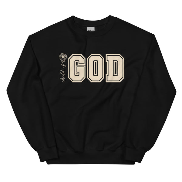 Black sweatshirt with 'child of God' text on a white background