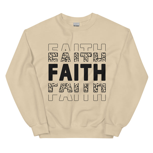 Beige sweatshirt with 'FAITH' printed in black and leopard print