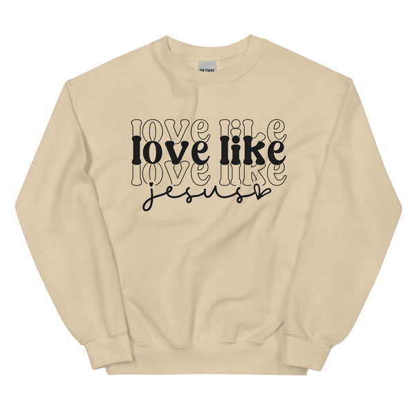 Sand sweatshirt with Love Like Jesus text print, front view, unisex crewneck.
