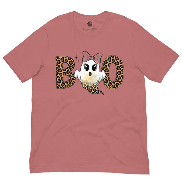 Pink t-shirt with ghost and leopard print 'BOO' design on a white background